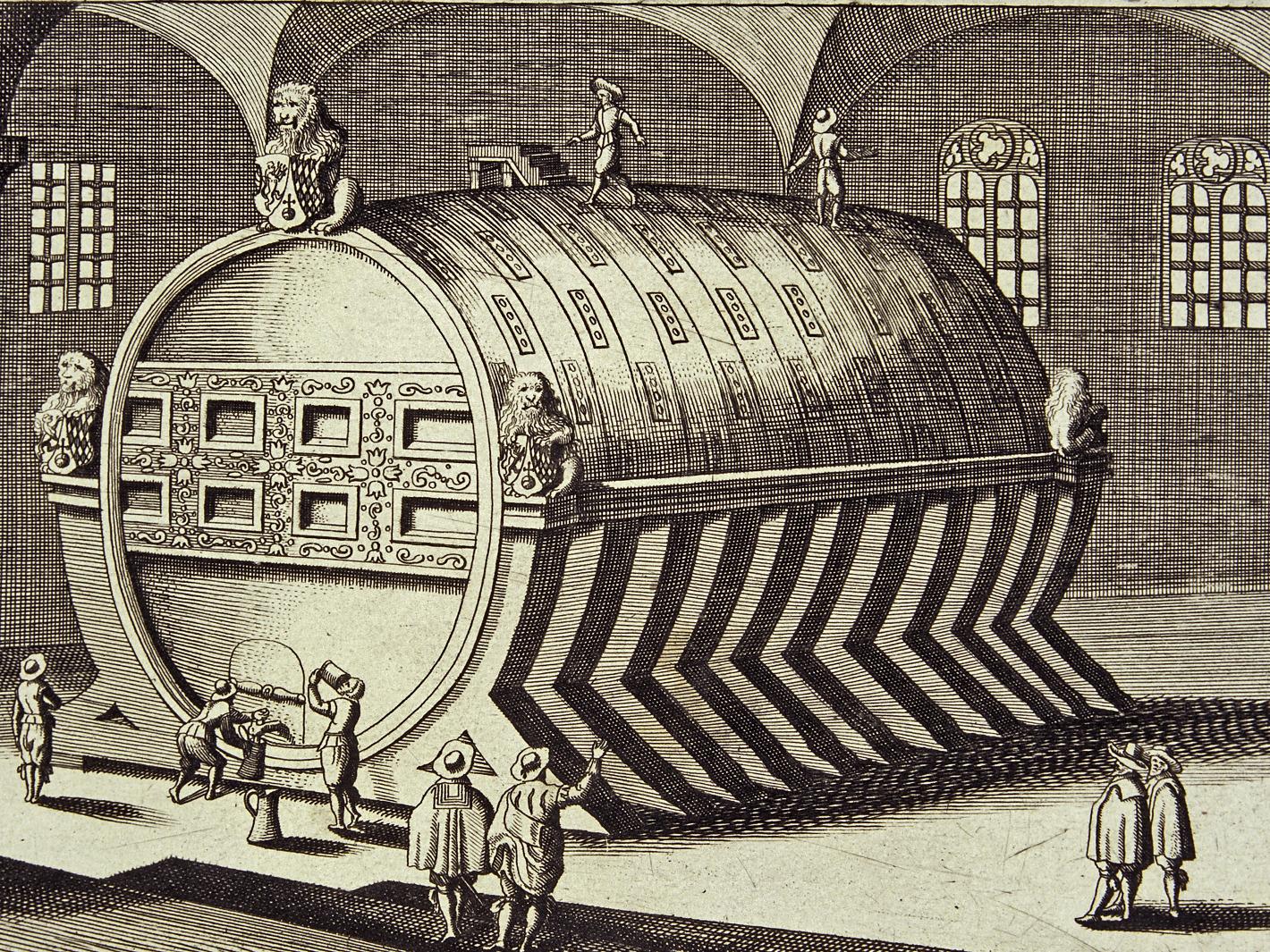 Foto: Staatliche Schlösser und Gärten Baden-Würrtemberg, Andrea Rachele Das Große Fass, Kupferstich des 18. Jahrhunderts