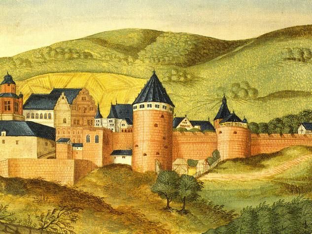 Foto: Wikimedia Commons Schloss Heidelberg um 1570, aus: Thesaurus Pictuarum von Marcus zum Lamm